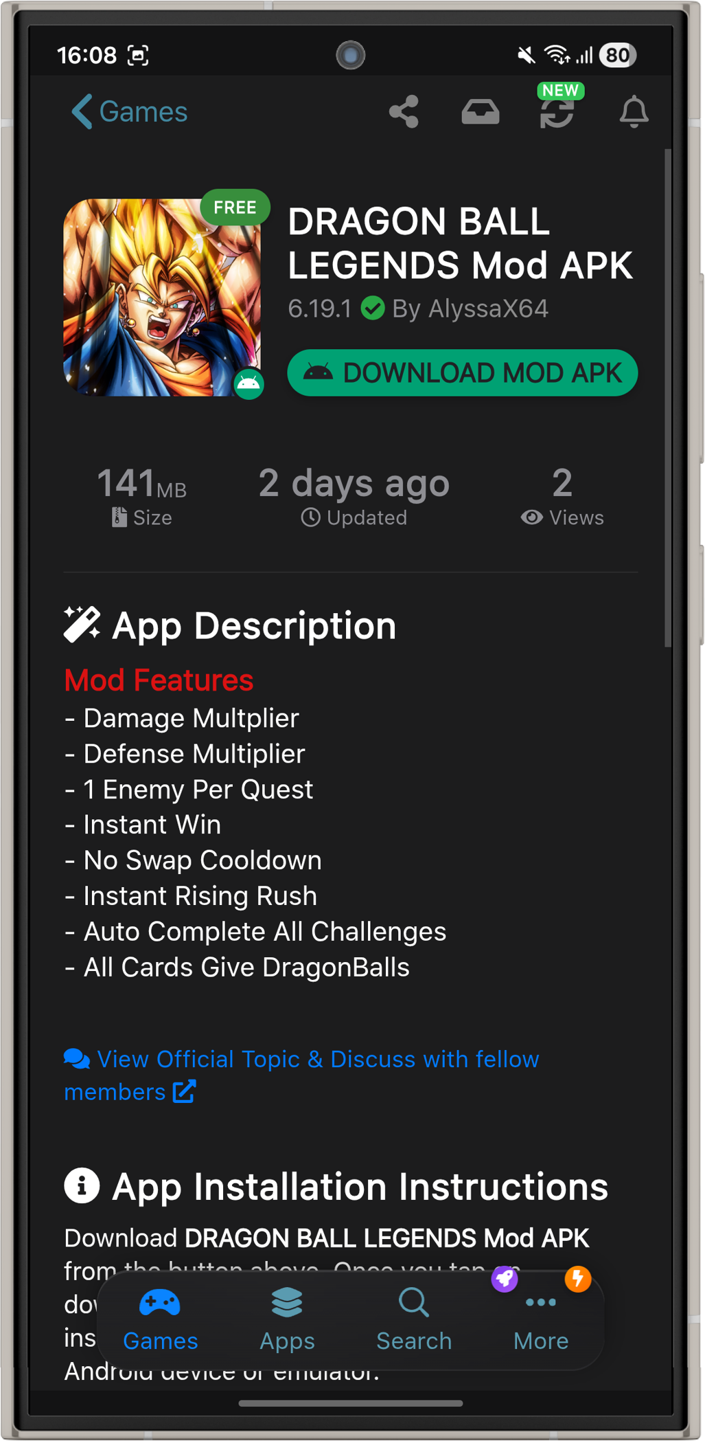 iOSGods App on Android showing app details and download page